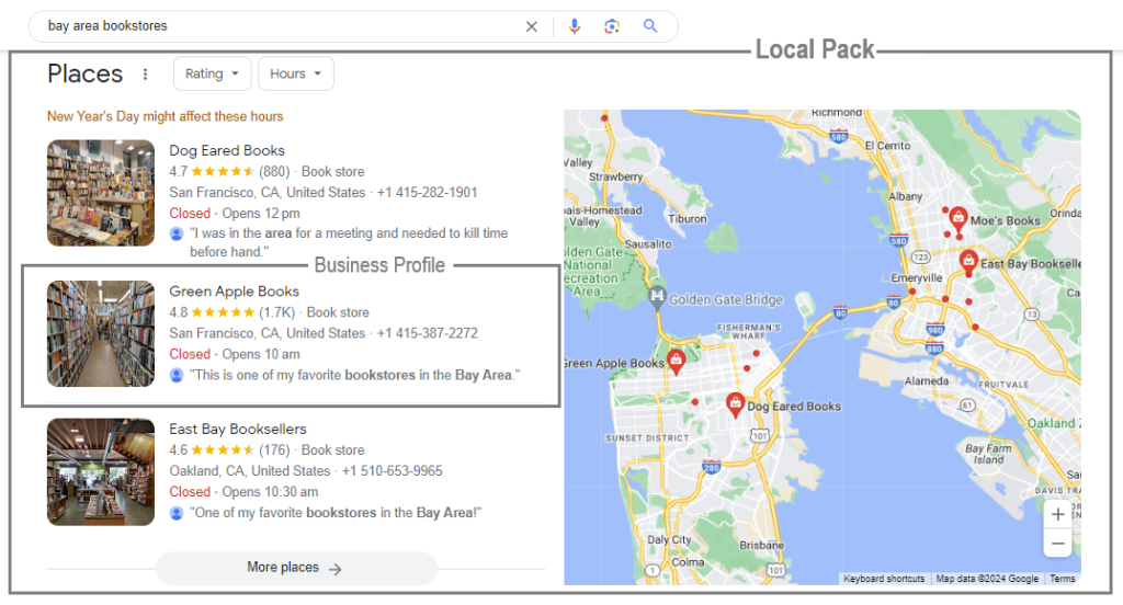 Local SEO results for bay area bookstores 